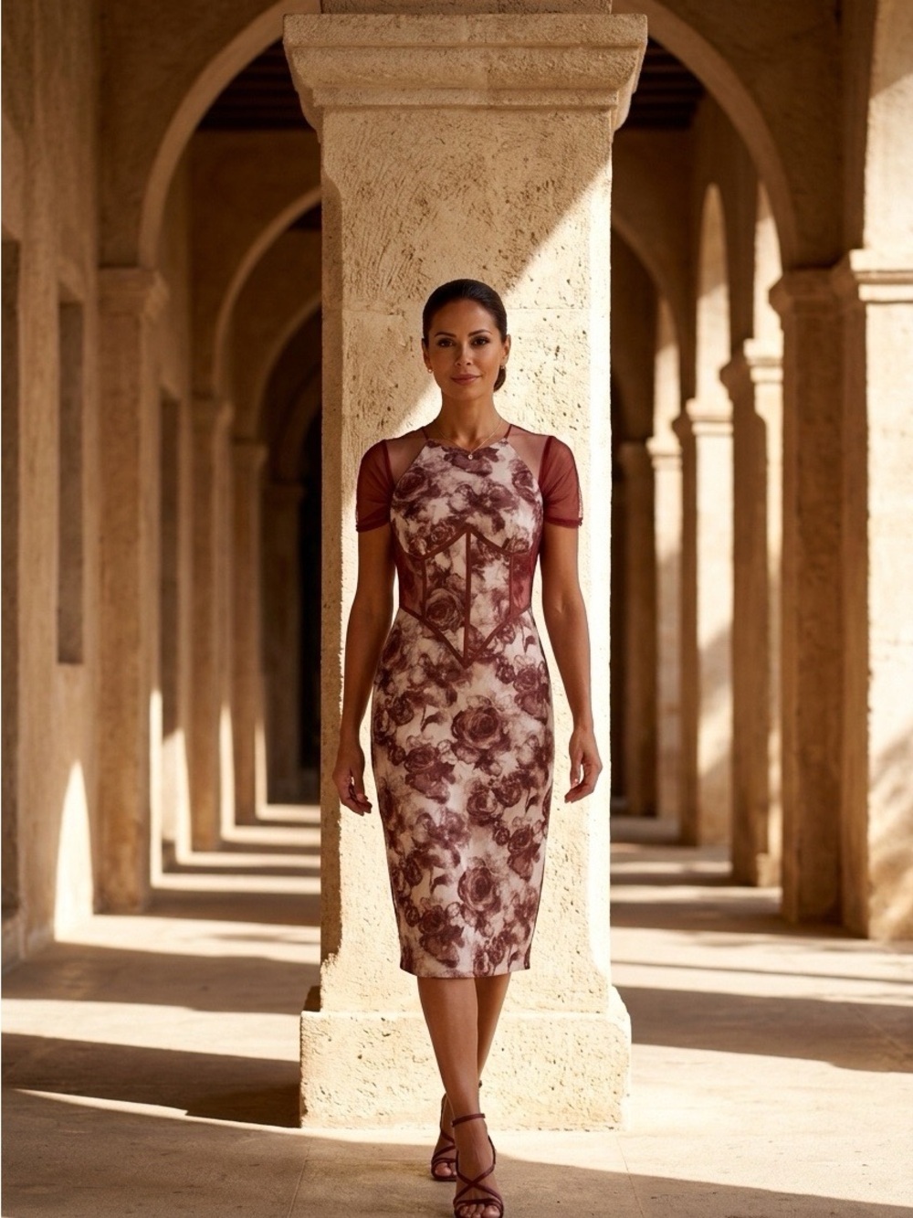 2070 - Floral Mesh Accent Midi Dress in Brown and Cream